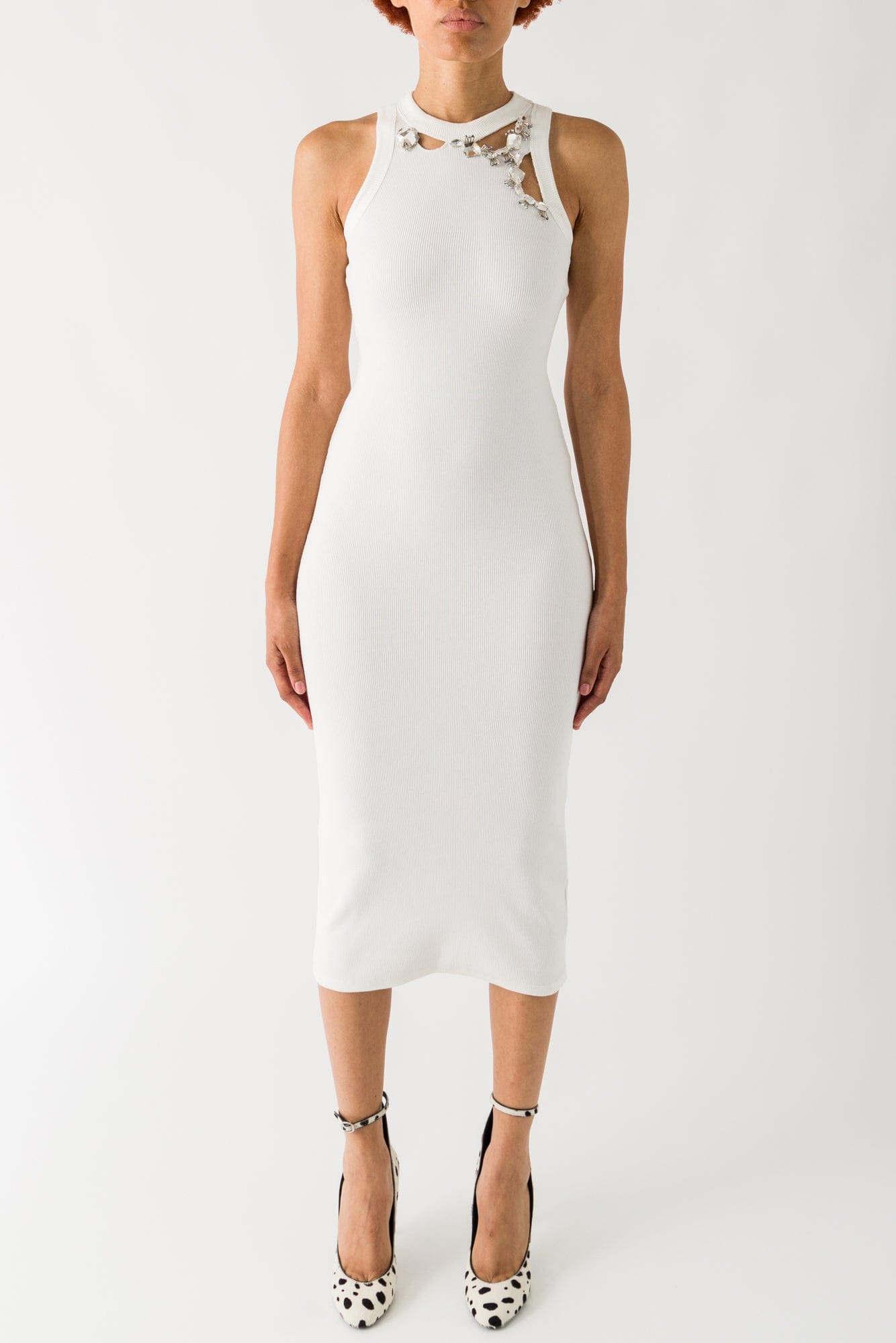 Area Distressed Crystal Ribbed Knit Dress In Off White