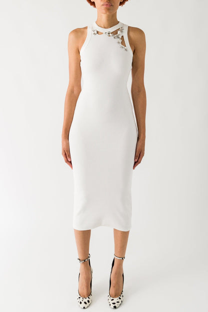 Area Distressed Crystal Ribbed Knit Dress In Off White