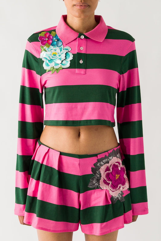 Area Embroidered Flower Rugby Stripe Cropped Polo
