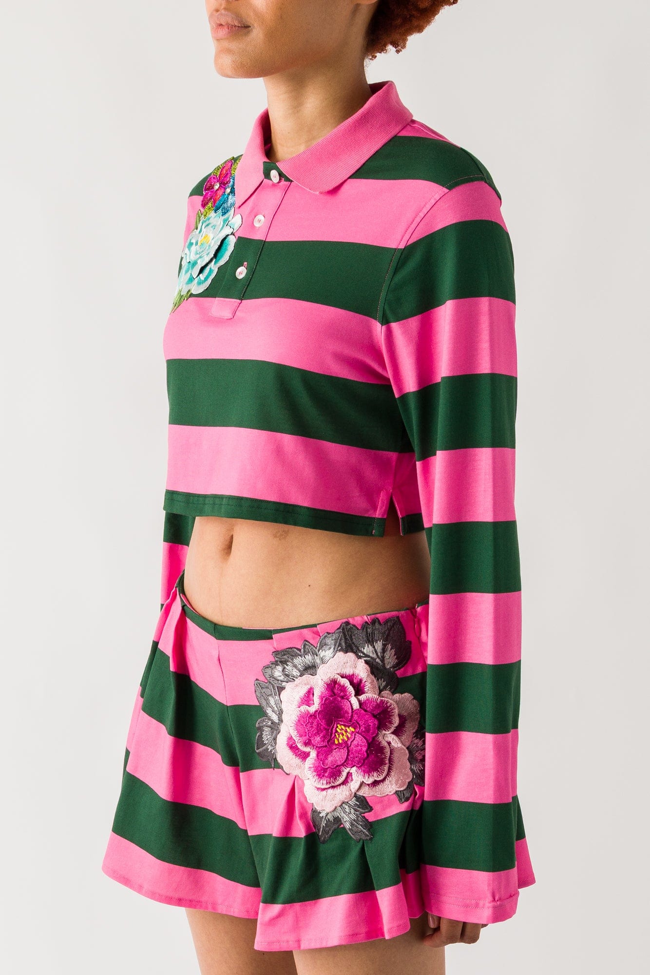Area Embroidered Flower Rugby Stripe Cropped Polo