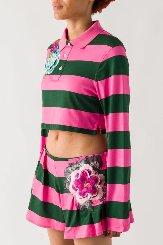 Area Embroidered Flower Rugby Stripe Cropped Polo side