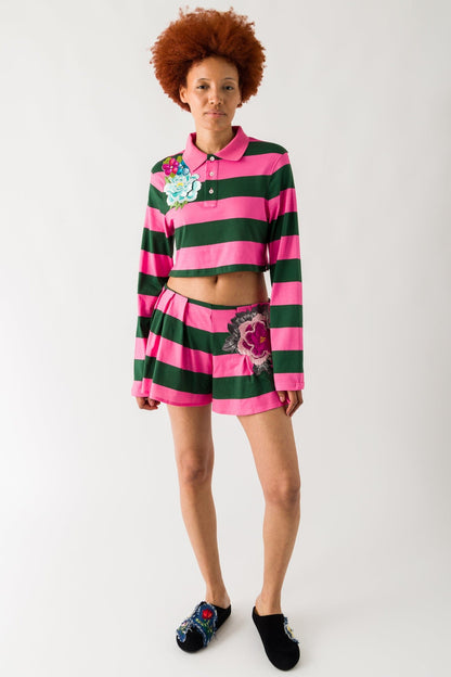 Area Embroidered Flower Rugby Stripe Pleated Short