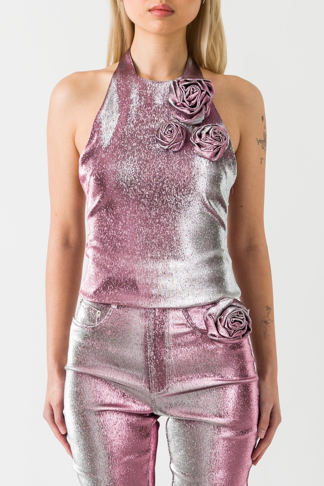 Area Stretch Lamé Rosete Halter Top