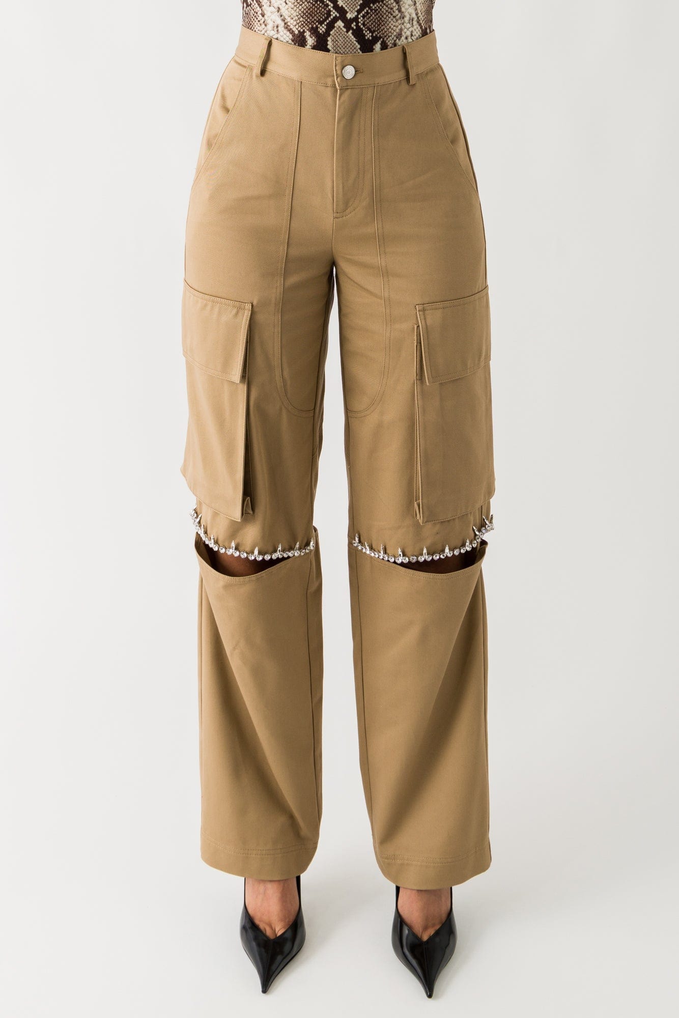 Area Crystal Slit Cargo Pant In Tan