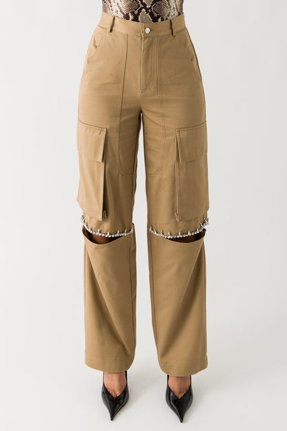 Area Crystal Slit Cargo Pant In Tan