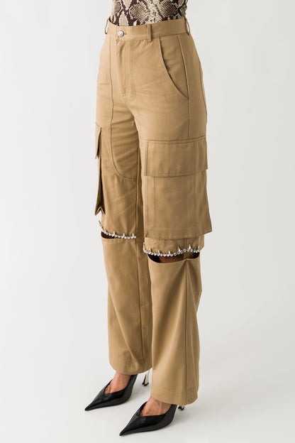 Area Crystal Slit Cargo Pant In Tan side