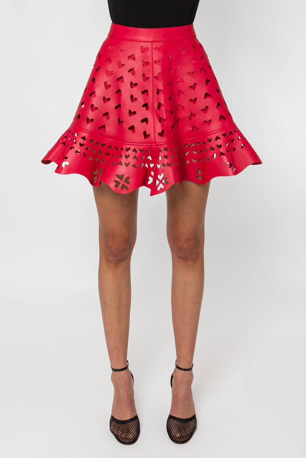 Area Laser Cut Leather Heart Mini Skirt Red 4