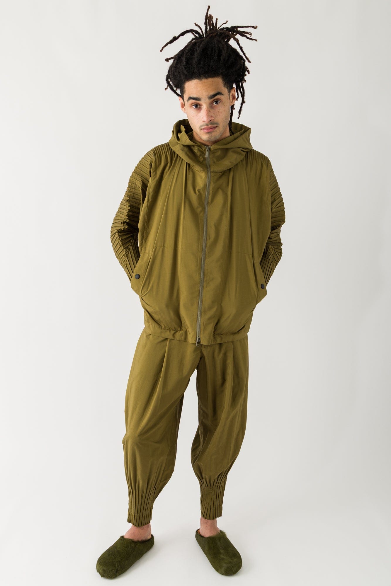Homme Plissé Issey Miyake Cascade Zip Up in Khaki SS25 Homme Plissé Issey Miyake Cascade Zip Up in Khaki SS25