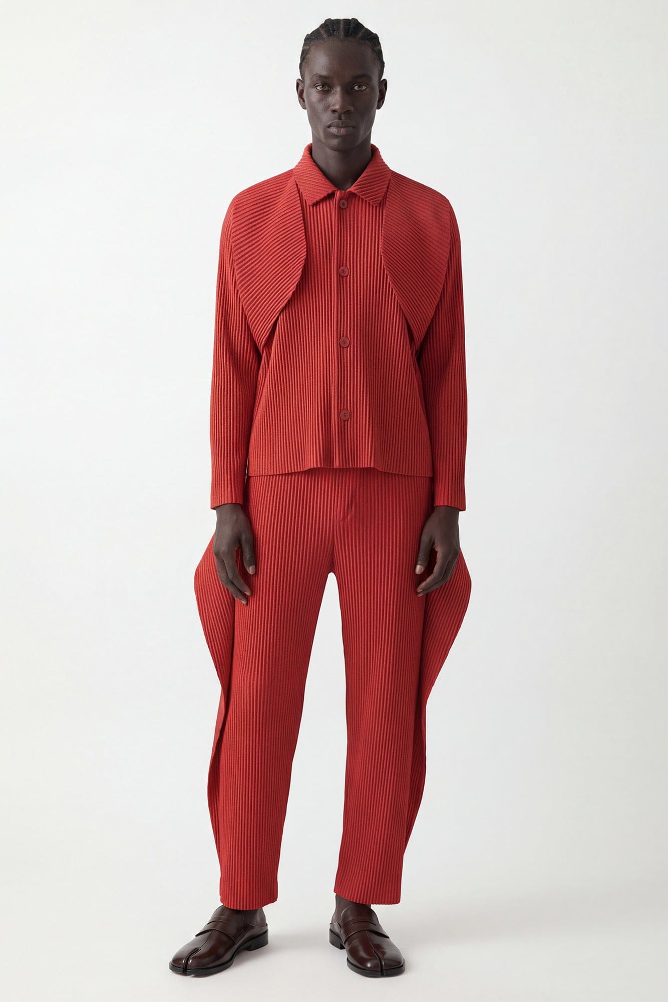 Homme Plissé Issey Miyake Cover and Fold Trousers in Tomato Red full look