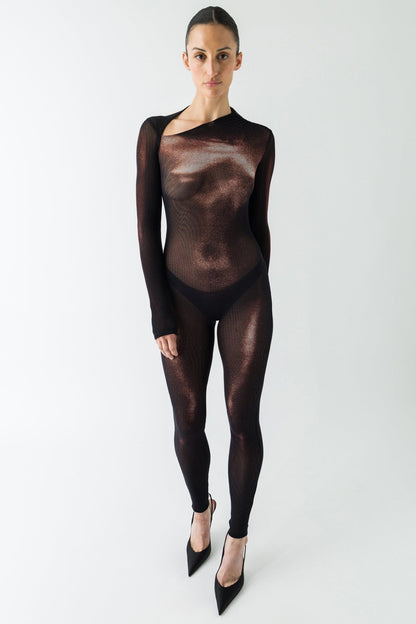 Jean Paul Gaultier Asymmetric Mesh Catsuit in Body Dust ful look