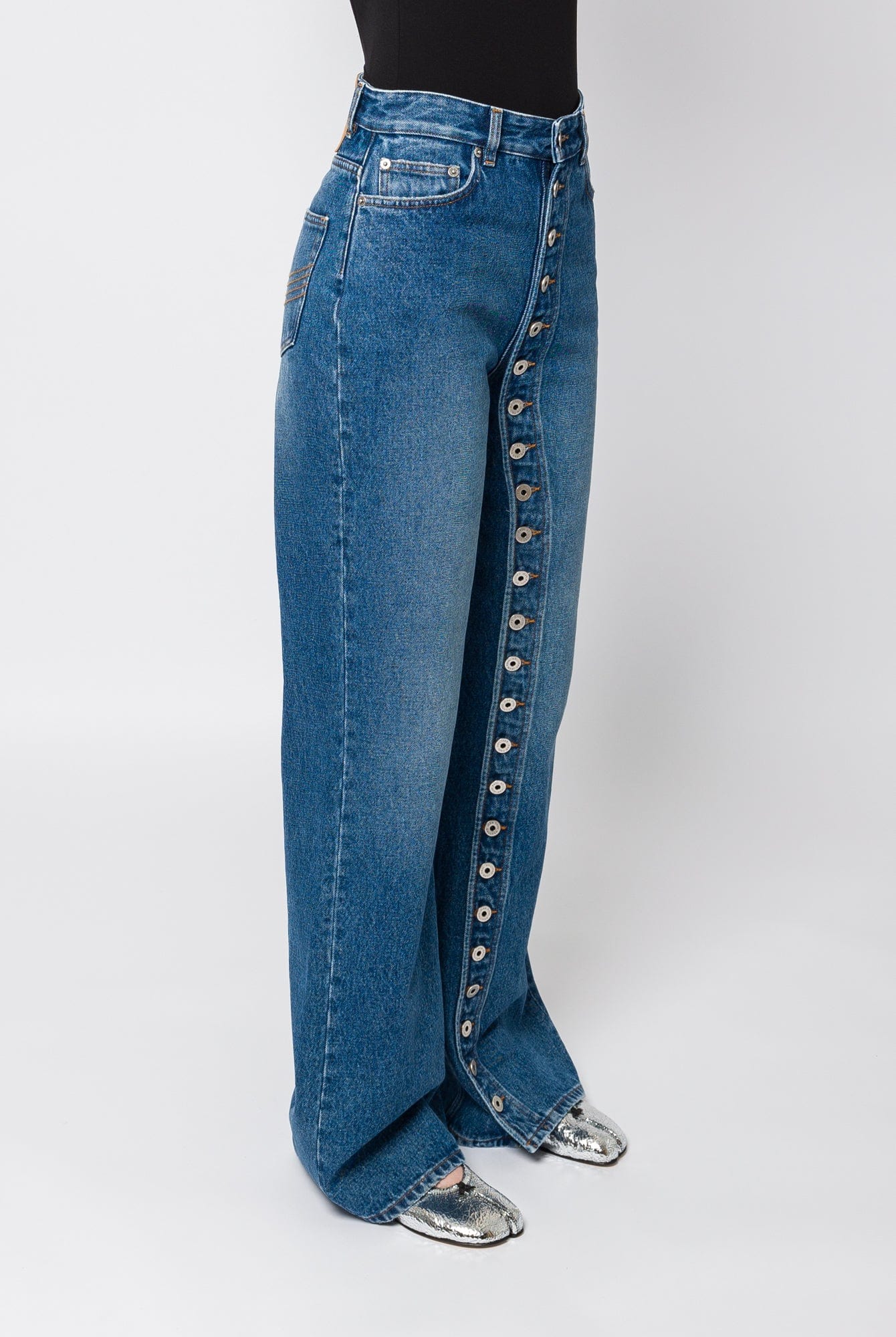 Jean Paul Gaultier Denim Jean with One Leg Buttons Detail side