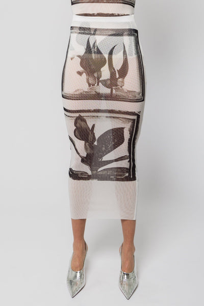 JEAN PAUL GAULTIER フリンジスカート Jean Paul Gaultier Flowers Cadres Printed Mesh Long Skirt with