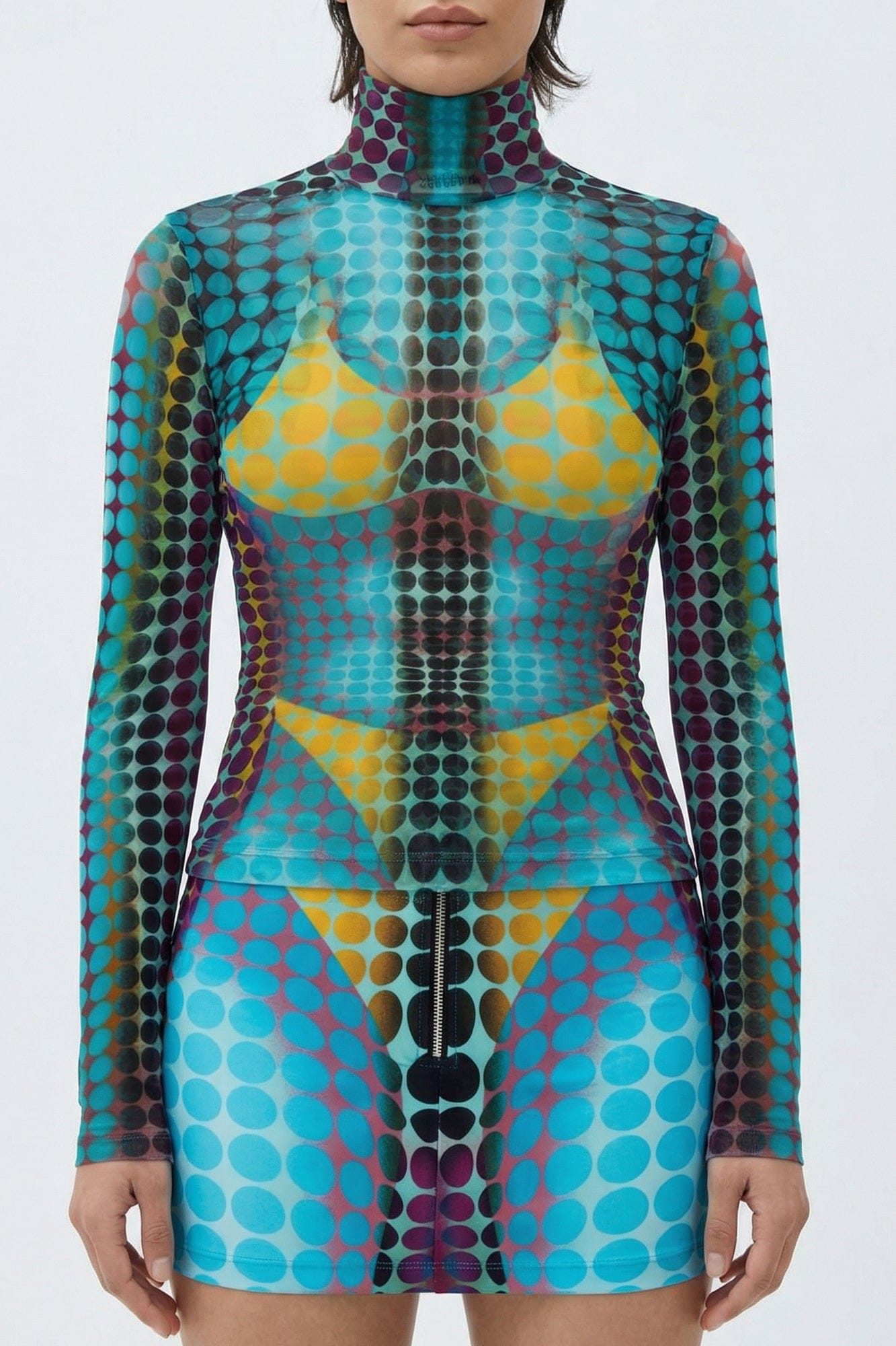 Jean Paul Gaultier High Neck Mesh Long Sleeve in Blue