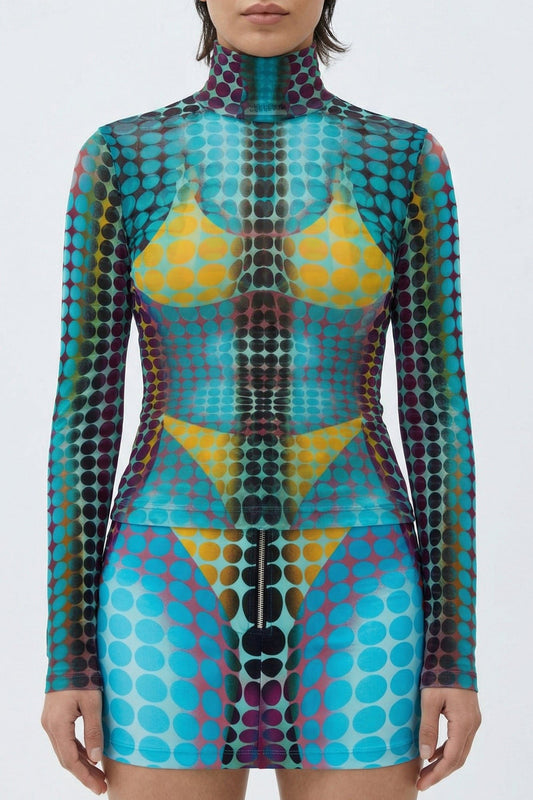Jean Paul Gaultier High Neck Mesh Long Sleeve in Blue