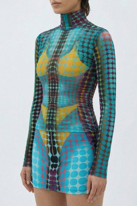 Jean Paul Gaultier High Neck Mesh Long Sleeve in Blue side