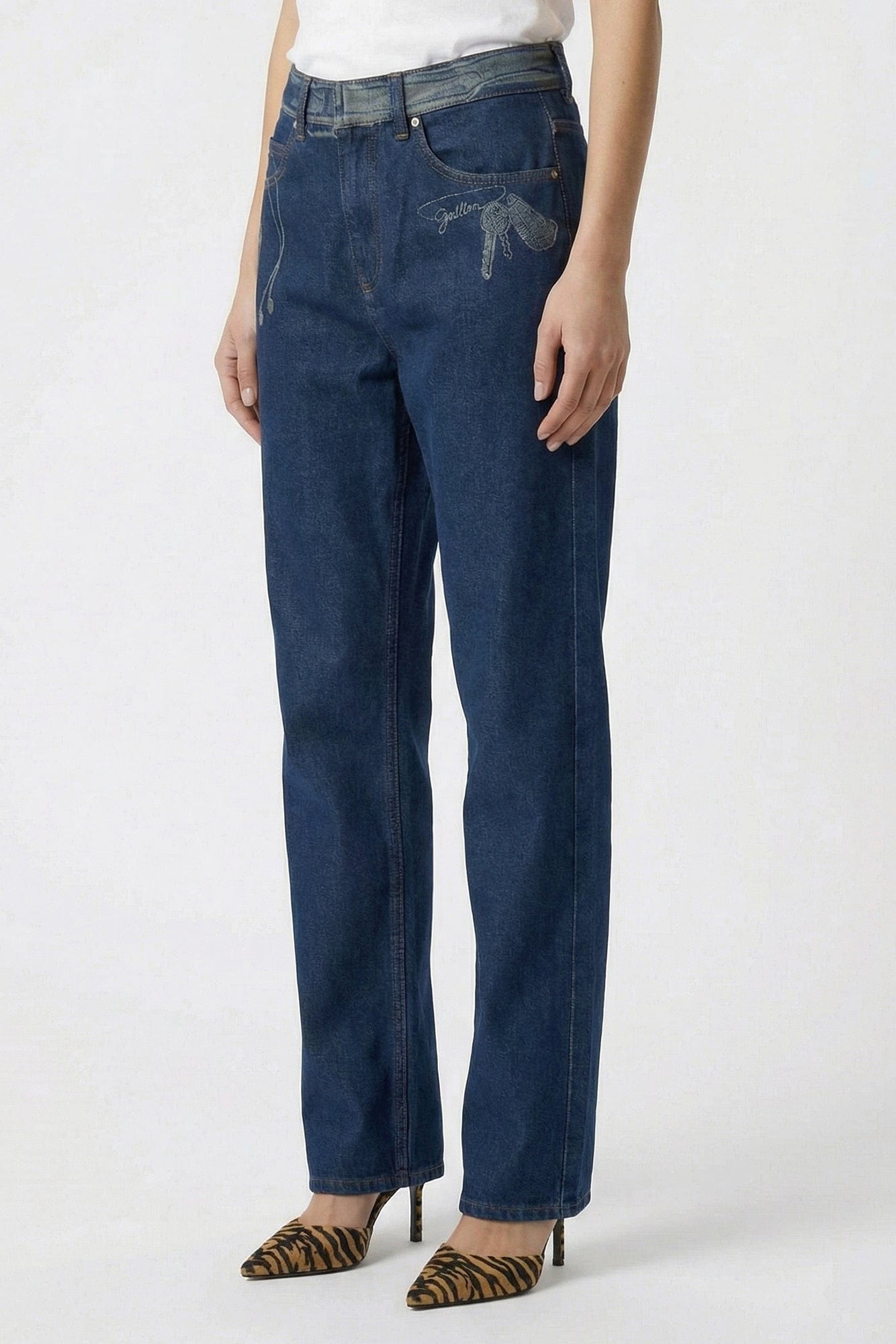 GAULTIER JEANS 花柄スラックス ブルー Jean Paul Gaultier Jeans with Trompe L'oeil Print in Vintage Blue