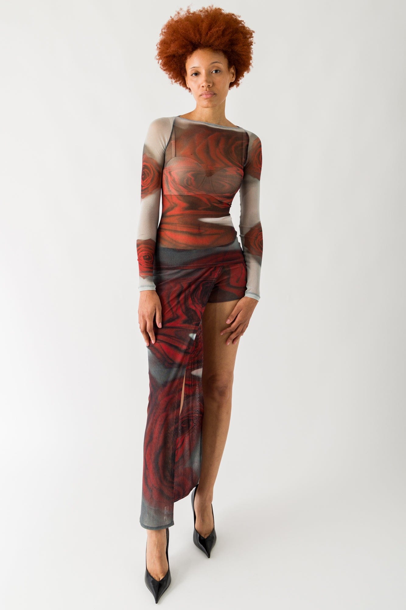 Jean Paul Gaultier Mesh Asymmetric Mini Skirt in Blurry Roses