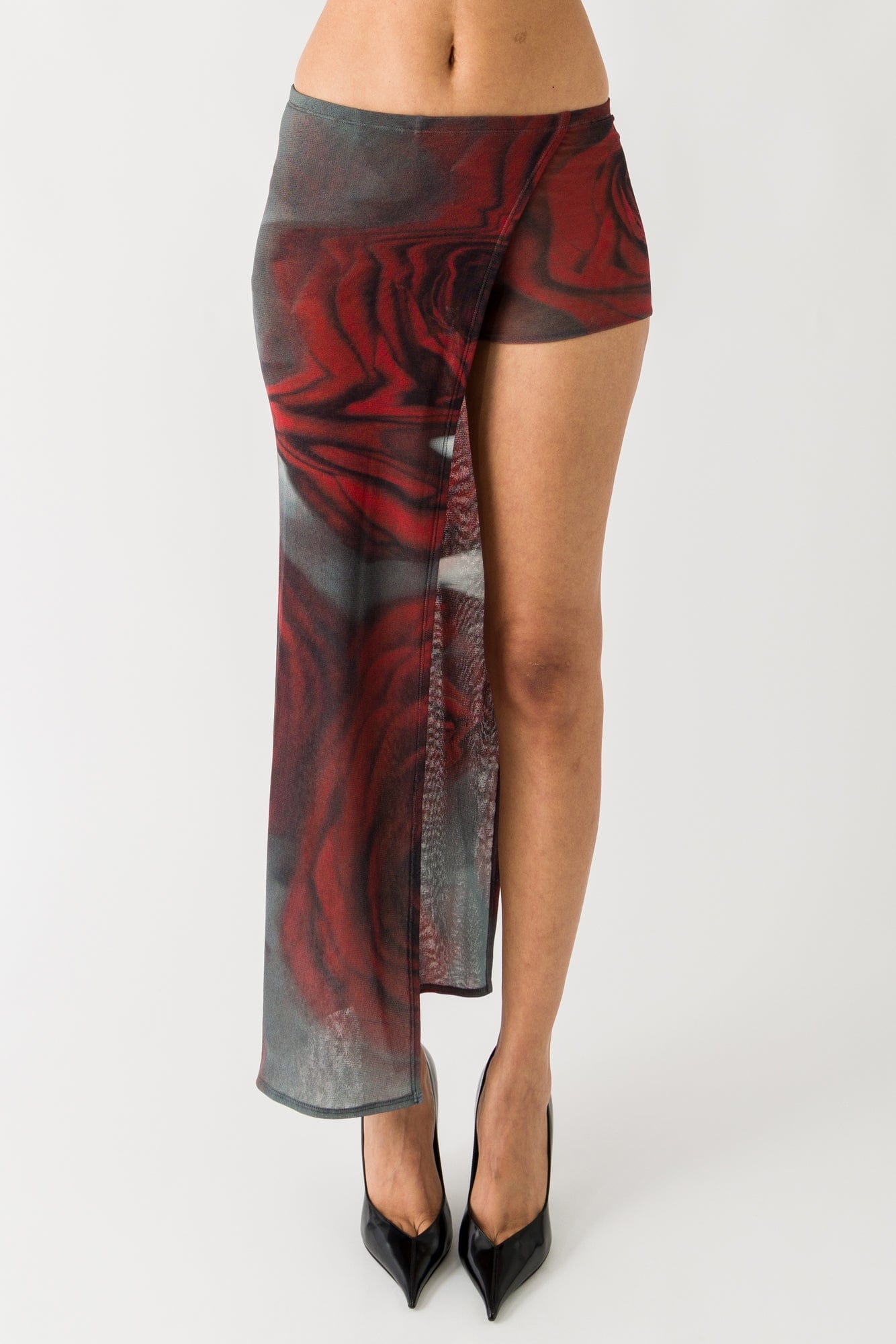 Jean Paul Gaultier Mesh Asymmetric Mini Skirt in Blurry Roses