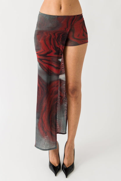 Jean Paul Gaultier Mesh Asymmetric Mini Skirt in Blurry Roses