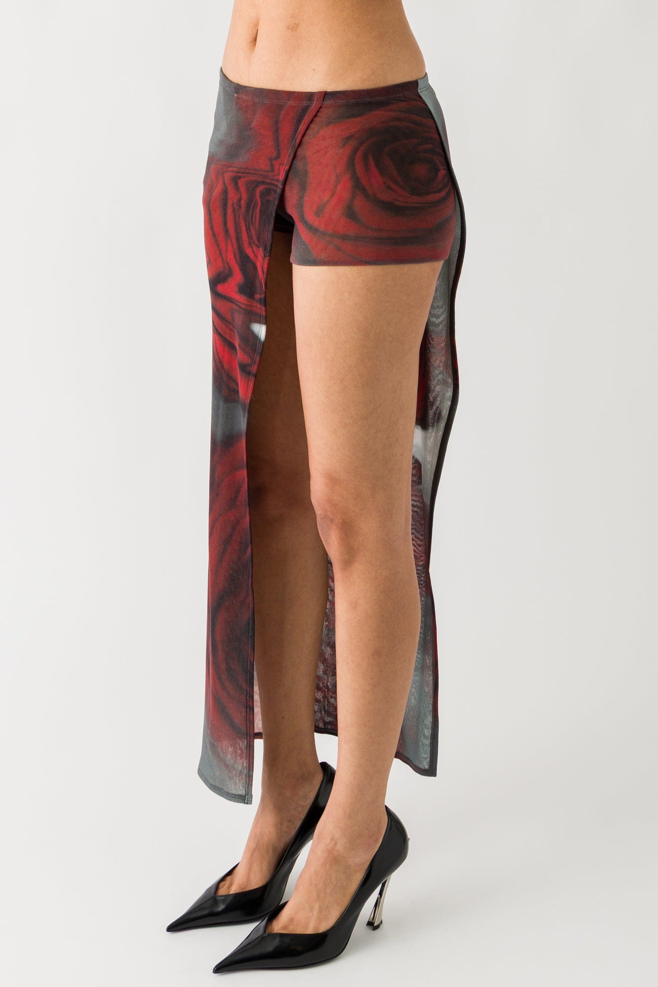 Jean Paul Gaultier Mesh Asymmetric Mini Skirt in Blurry Roses