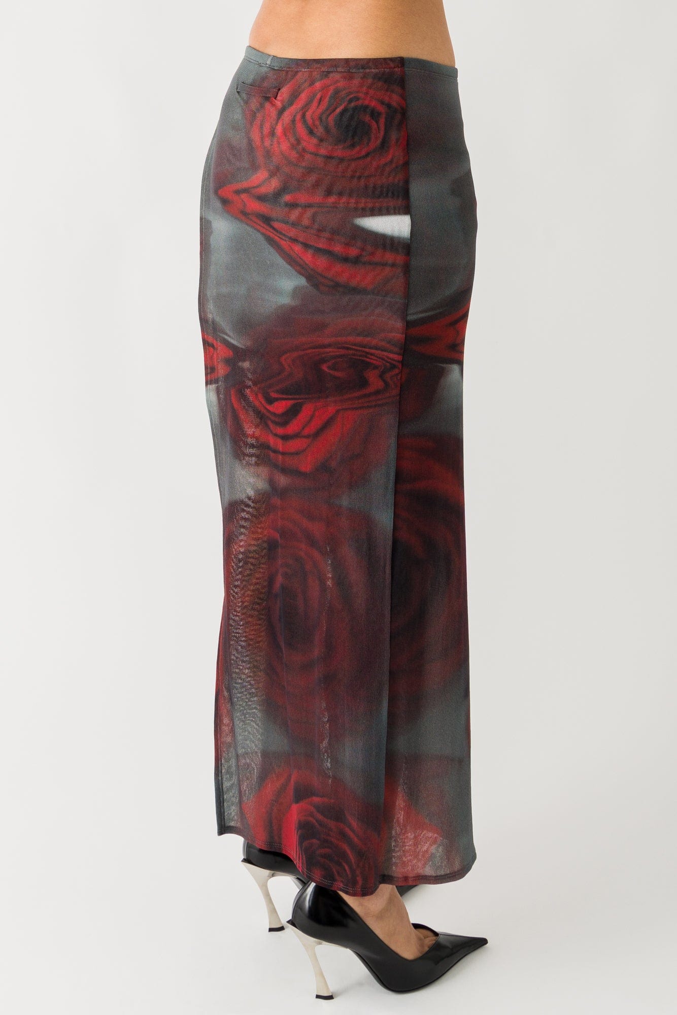 Jean Paul Gaultier Mesh Asymmetric Mini Skirt in Blurry Roses