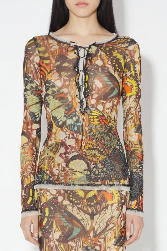 Jean Paul Gaultier Mesh Long Sleeve with Lacing in Papillon