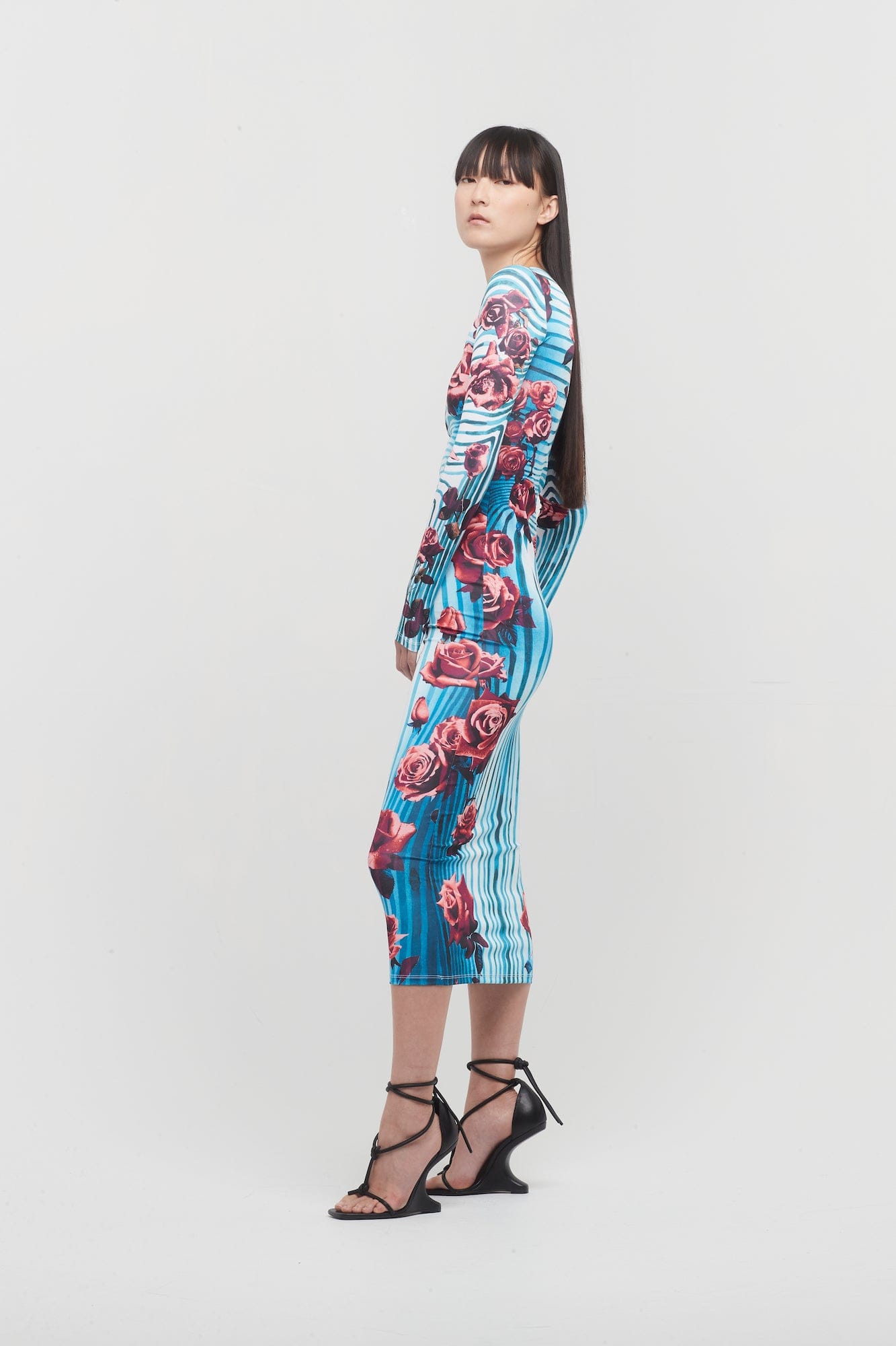 printed body flowers long sleeve dress by jean paul caultier Jean Paul Gaultier Printed Body Flowers Long Sleeve Dress in Pink & Yellow
