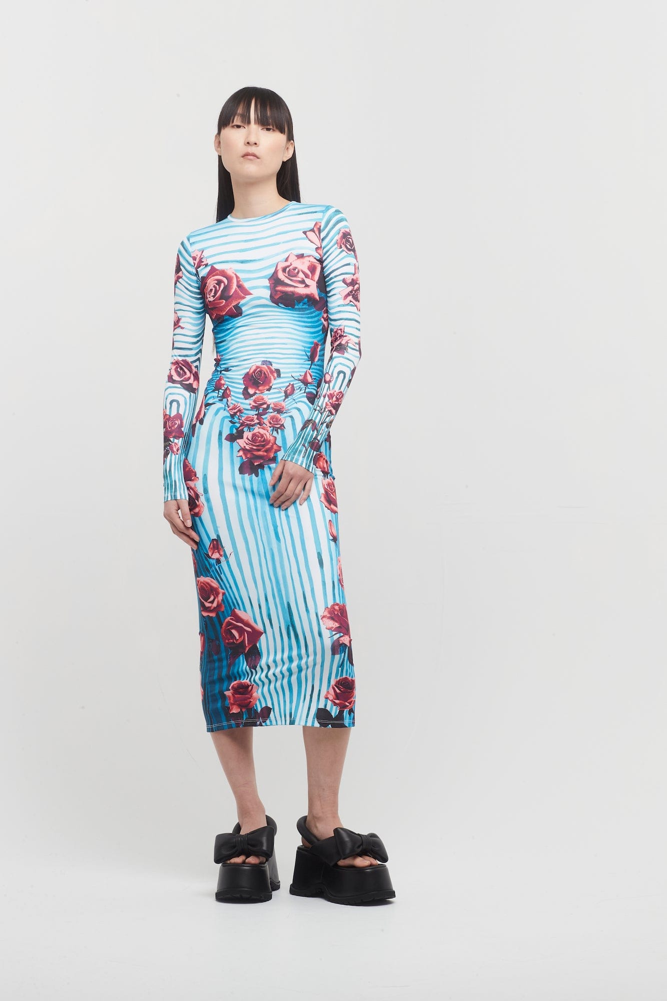 Jean Paul Gaultier Jersey Long Sleeves Dress in Body Morphing Flowers Jean Paul Gaultier Jersey Long Sleeves Dress in Body Morphing Flowers