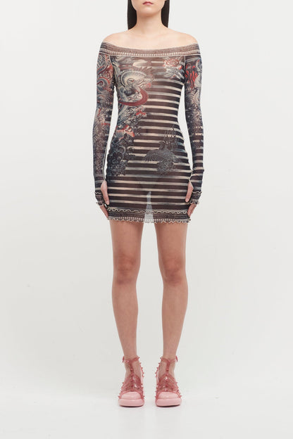 jean paul gaultier mariniere tattoo mini dress Jean Paul Gaultier Printed Mariniere Tattoo Short Boat Neck Dress in Gray