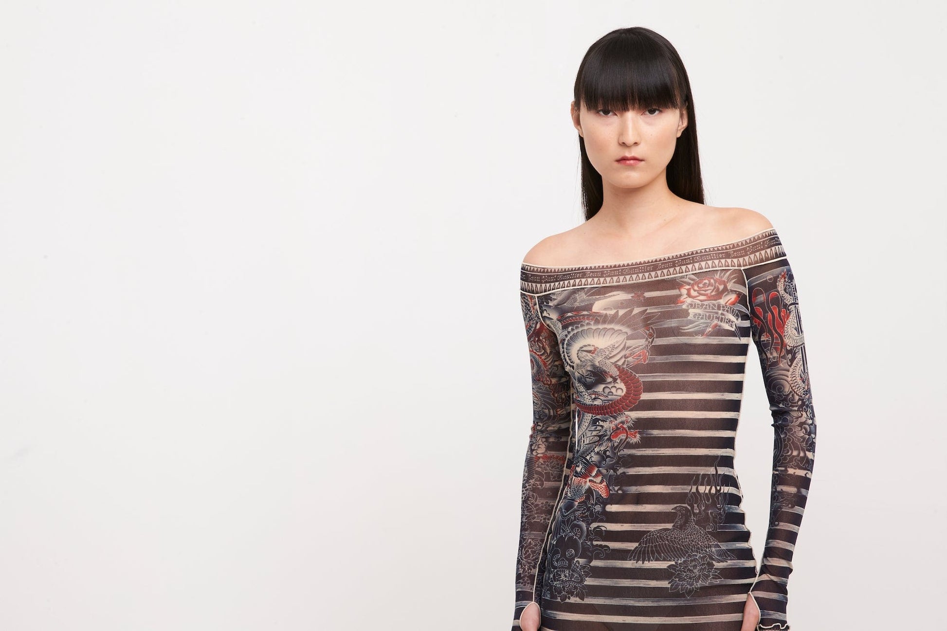 jean paul gaultier mariniere tattoo mini dress Jean Paul Gaultier Sailor Tattoo Printed Tulle Mini Dress in Natural