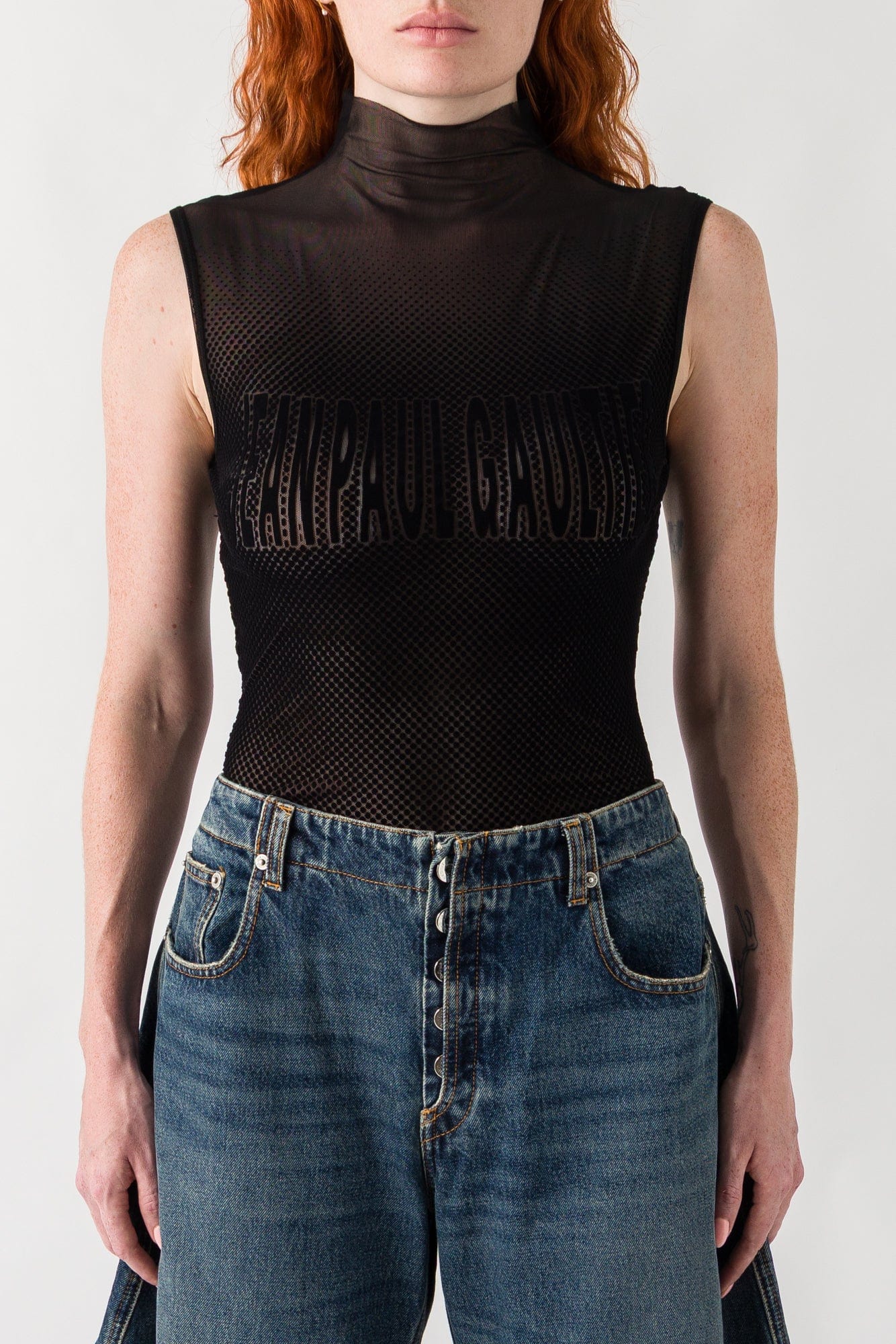 Jean Paul Gaultier Mesh Long Sleeve Bodysuit In Black