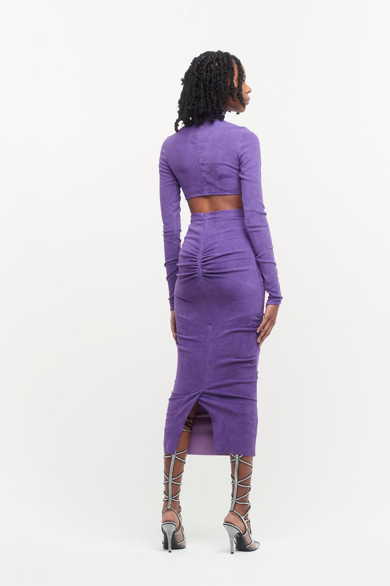 LaQuan Smith Leather Skirt in Grape full look