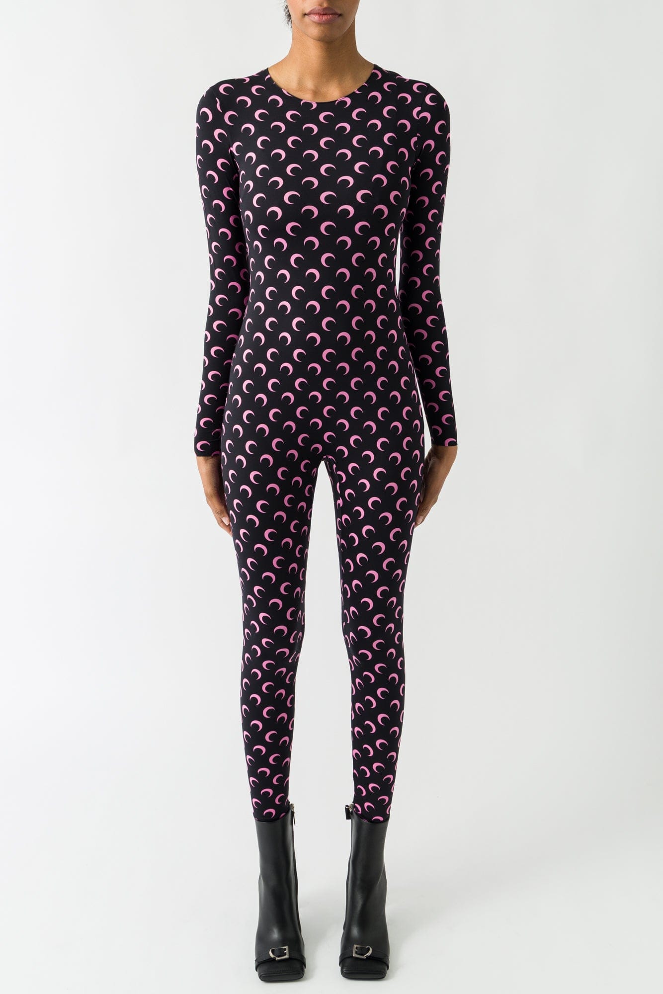 Marine Serre Moon Printed Jersey Longsleeve Catsuit in Black/Pink FW25