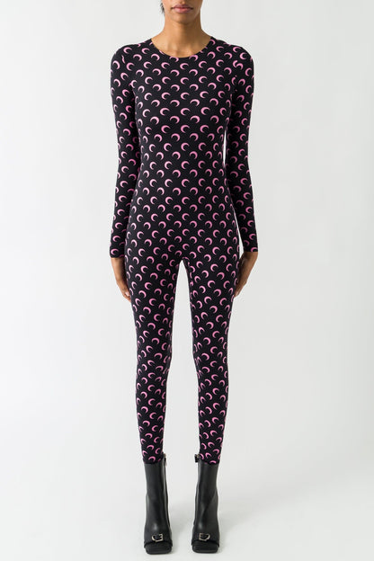Marine Serre Moon Printed Jersey Longsleeve Catsuit in Black/Pink FW25