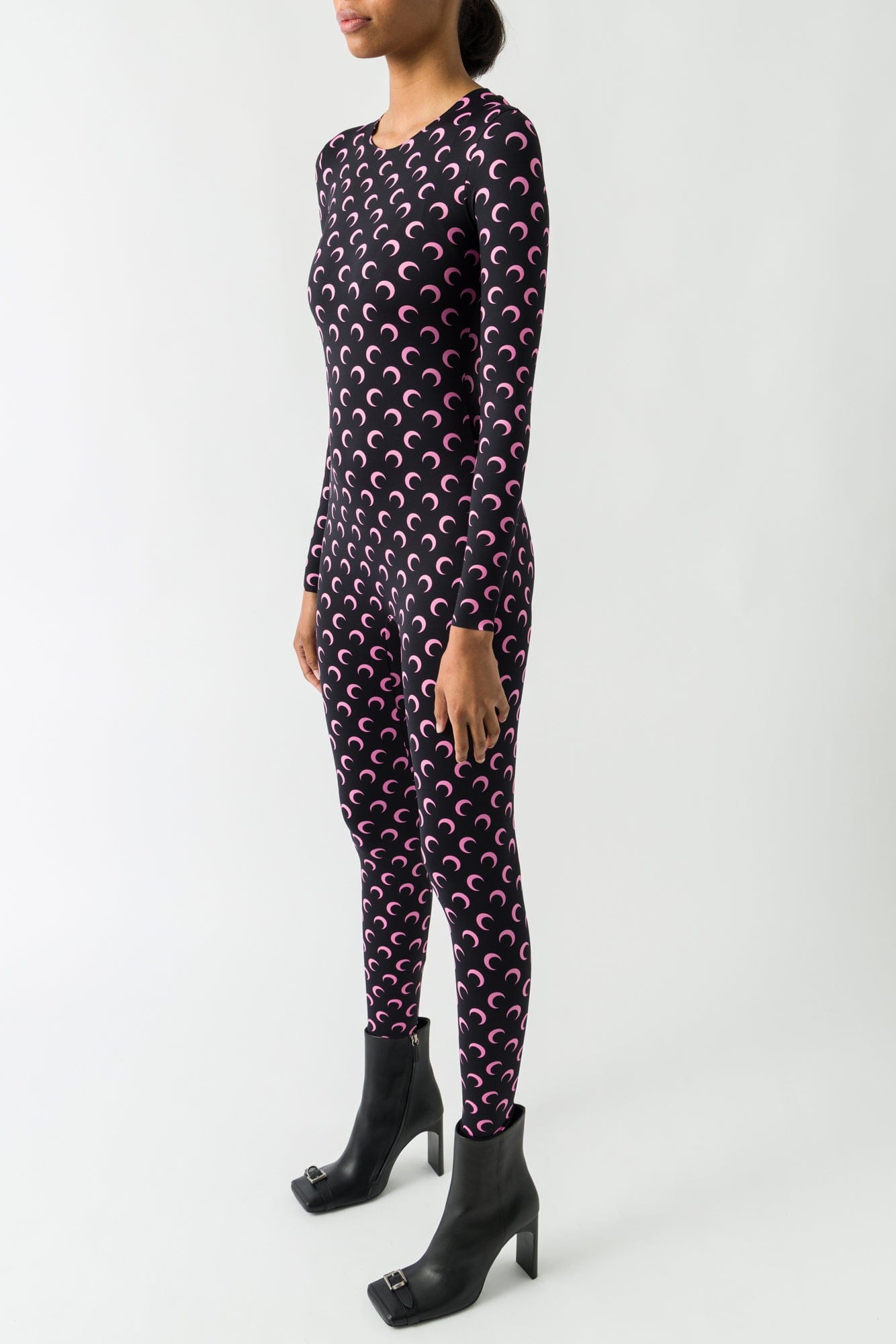 Marine Serre Moon Printed Jersey Longsleeve Catsuit in Black/Pink FW25 side
