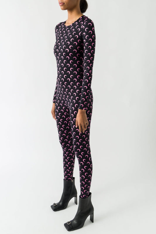 Marine Serre Moon Printed Jersey Longsleeve Catsuit in Black/Pink FW25 side