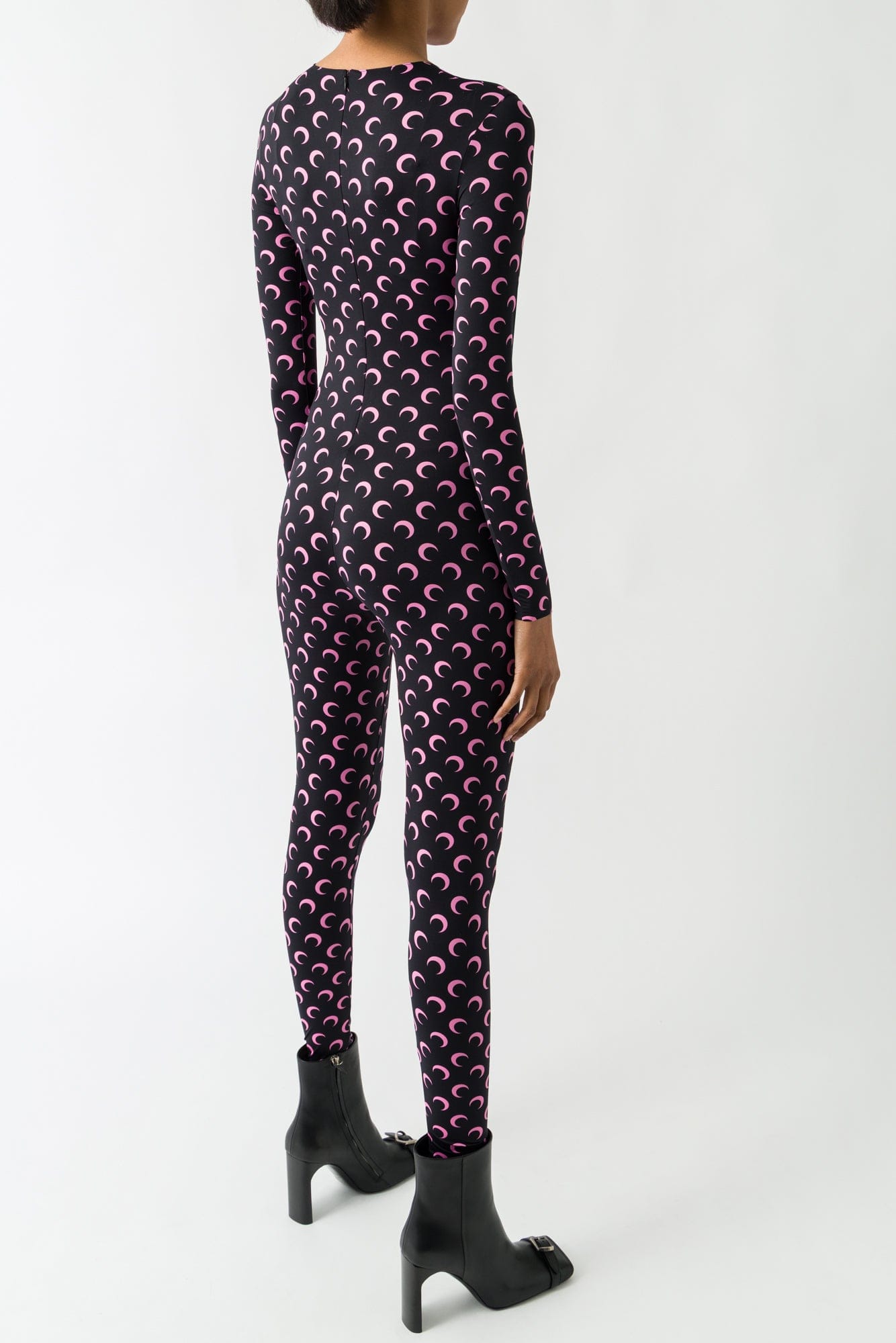 Marine Serre Moon Printed Jersey Longsleeve Catsuit in Black/Pink FW25