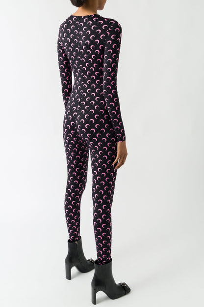Marine Serre Moon Printed Jersey Longsleeve Catsuit in Black/Pink FW25 back