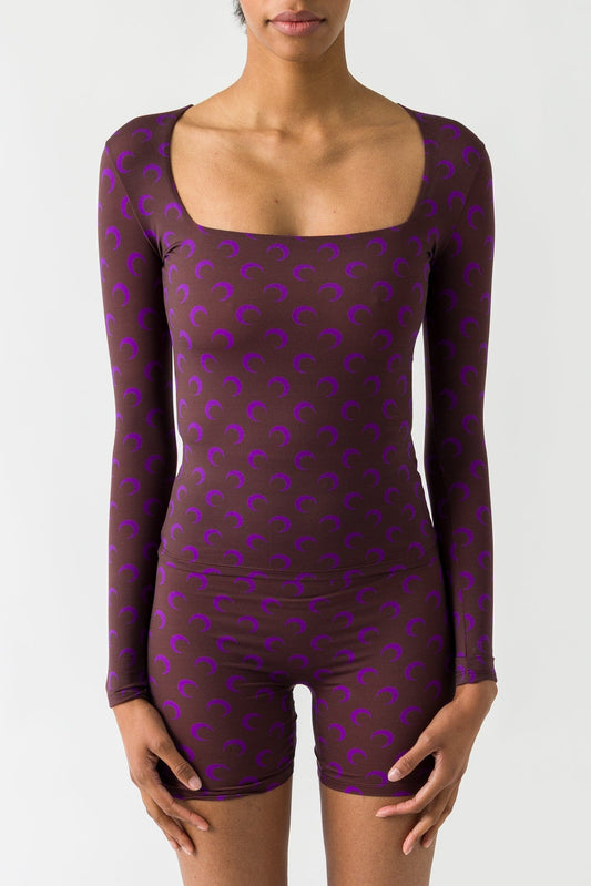 Marine Serre Moon Printed Jersey Longsleeve Squareneck Top in Aubergine FW25