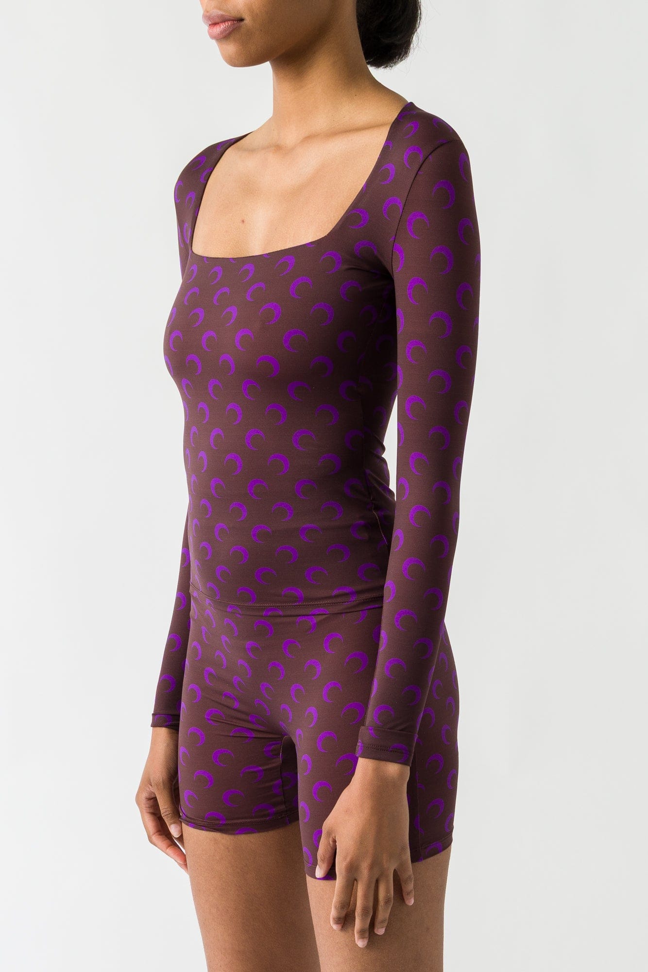 Marine Serre Moon Printed Jersey Longsleeve Squareneck Top in Aubergine FW25