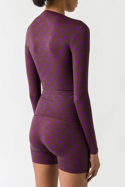 Marine Serre Moon Printed Jersey Longsleeve Squareneck Top in Aubergine FW25 back