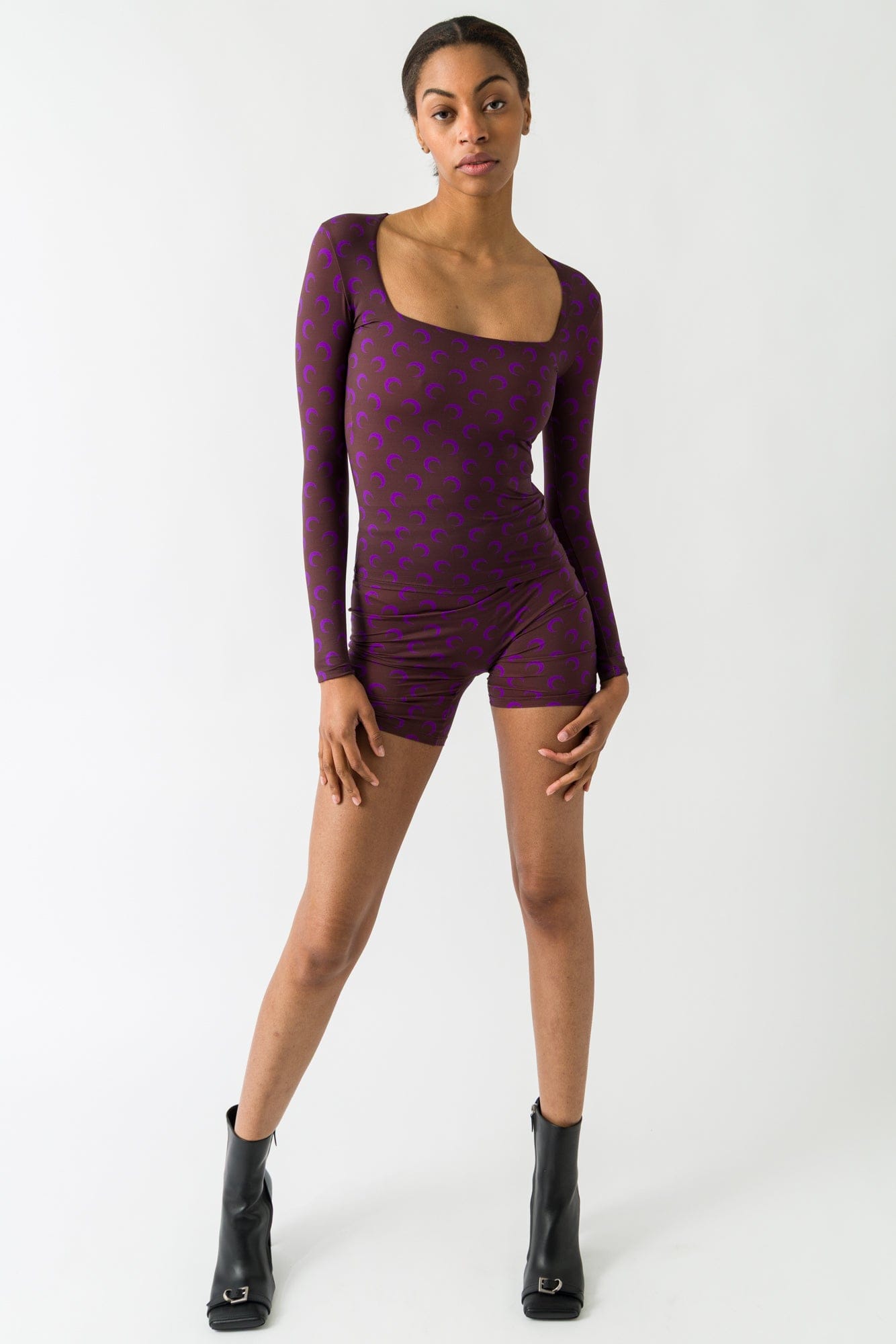 Marine Serre Moon Printed Jersey Longsleeve Squareneck Top in