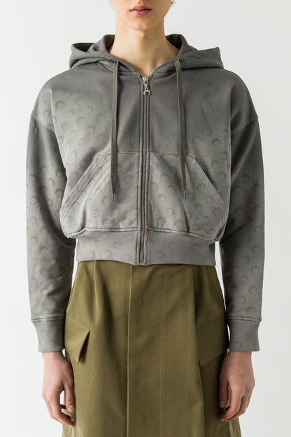 Marine Serre Faded Moon Cropped Hoodie in Grey
