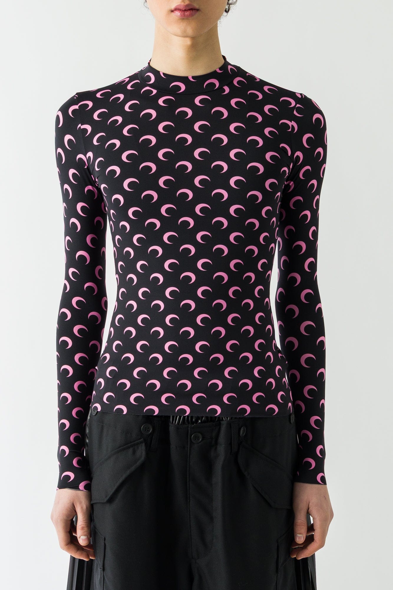 Marine Serre Moon Printed Jersey Longsleeve Highneck Top in Black/Pink FW25