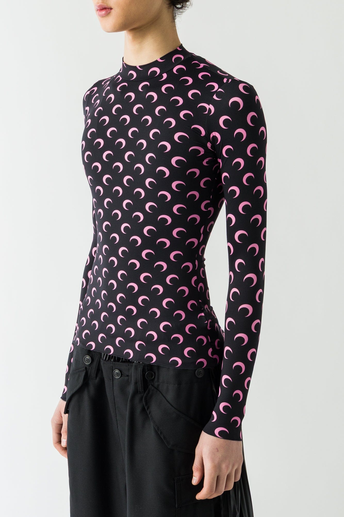 Marine Serre Moon Printed Jersey Longsleeve Highneck Top in Black/Pink FW25