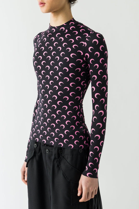 Marine Serre Moon Printed Jersey Longsleeve Highneck Top in Black/Pink FW25 side