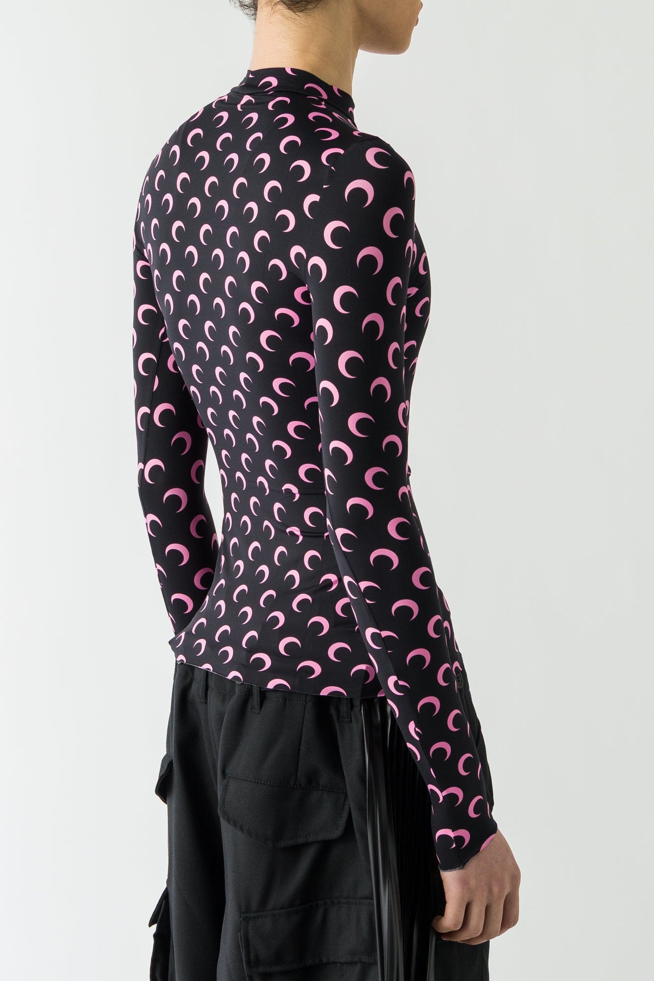 Marine Serre Moon Printed Jersey Longsleeve Highneck Top in Black/Pink FW25