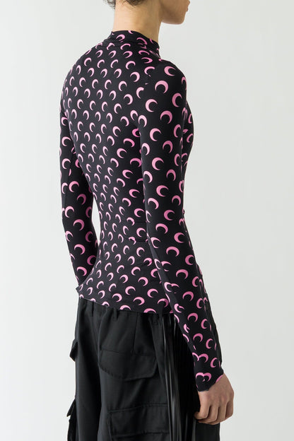 Marine Serre Moon Printed Jersey Longsleeve Highneck Top in Black/Pink FW25 back