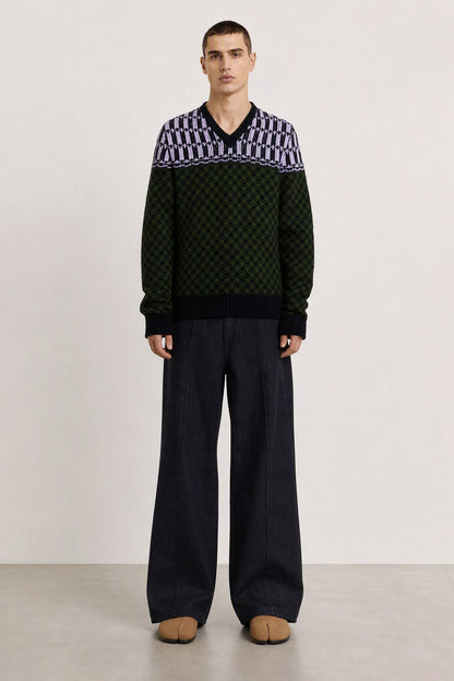 Marni Mixed Pattern V-Neck Sweater full look