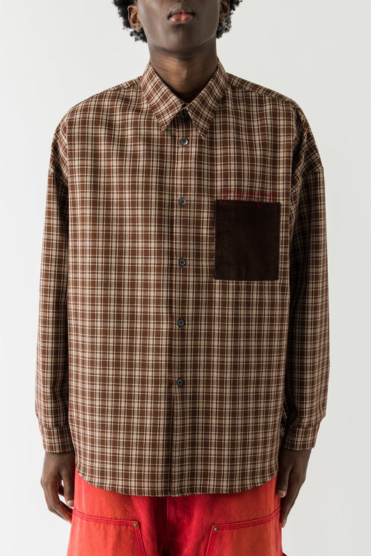 Marni Plaid Collared Shirt with Pocket in Brown